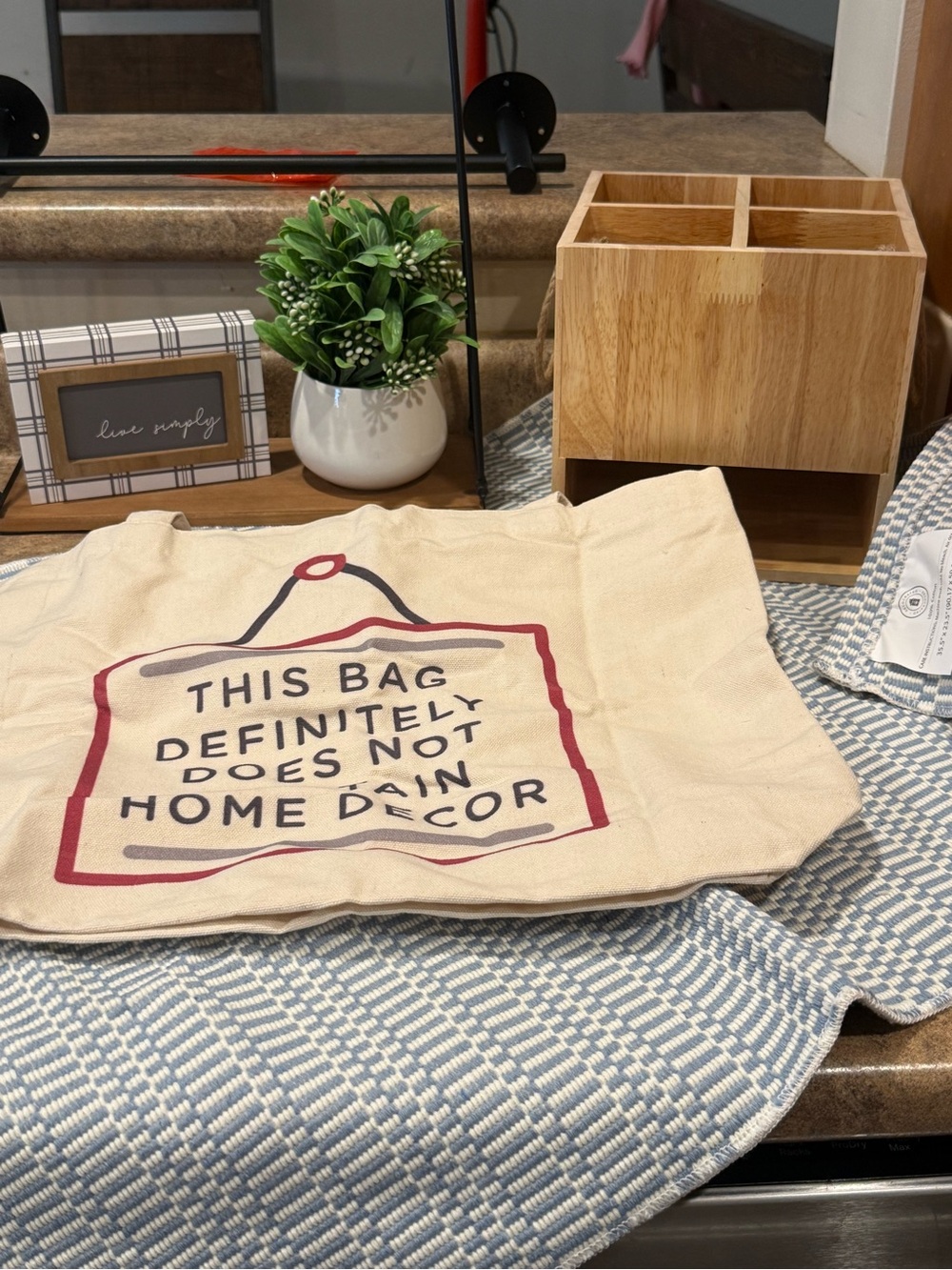Canvas Tote Bag with Playful Printed Home Decor Message - Cream with Red Accents